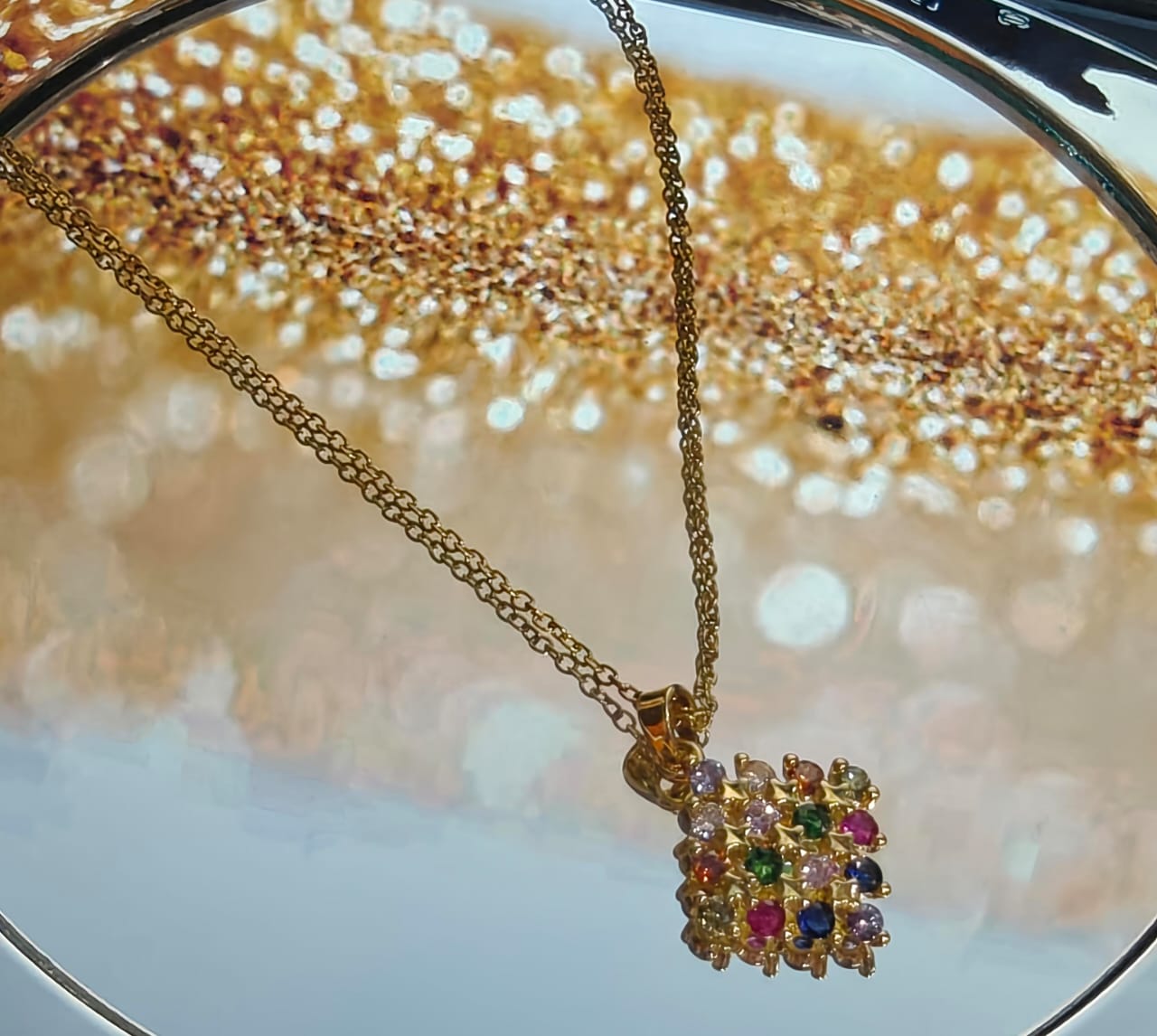 Gold-Plated Square Pendant (Multicolour Crystal)