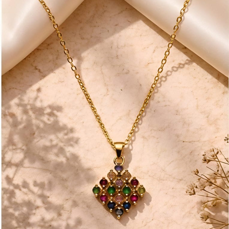 Gold-Plated Square Pendant (Multicolour Crystal)